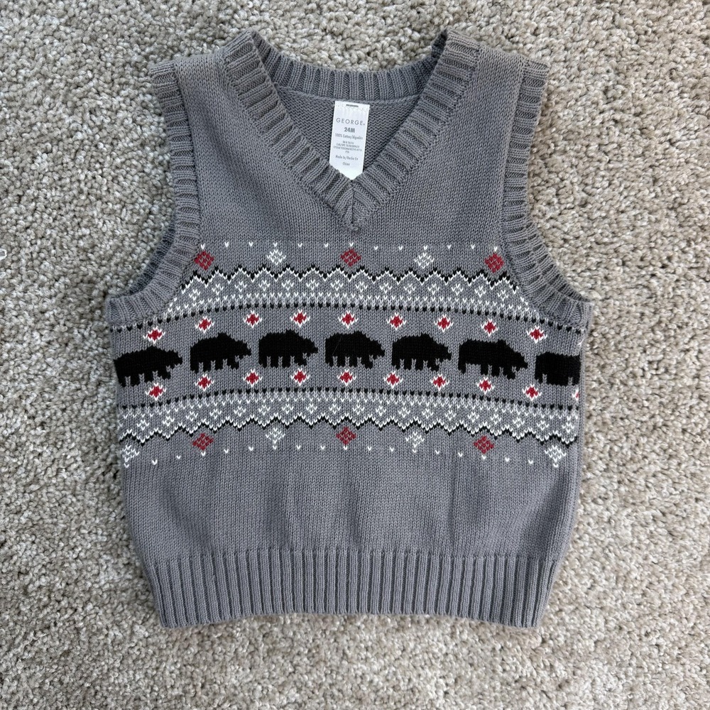George Sweater Vest Toddler Boys 18-24 Months Gray Knit Fair Isle Bison Pullover